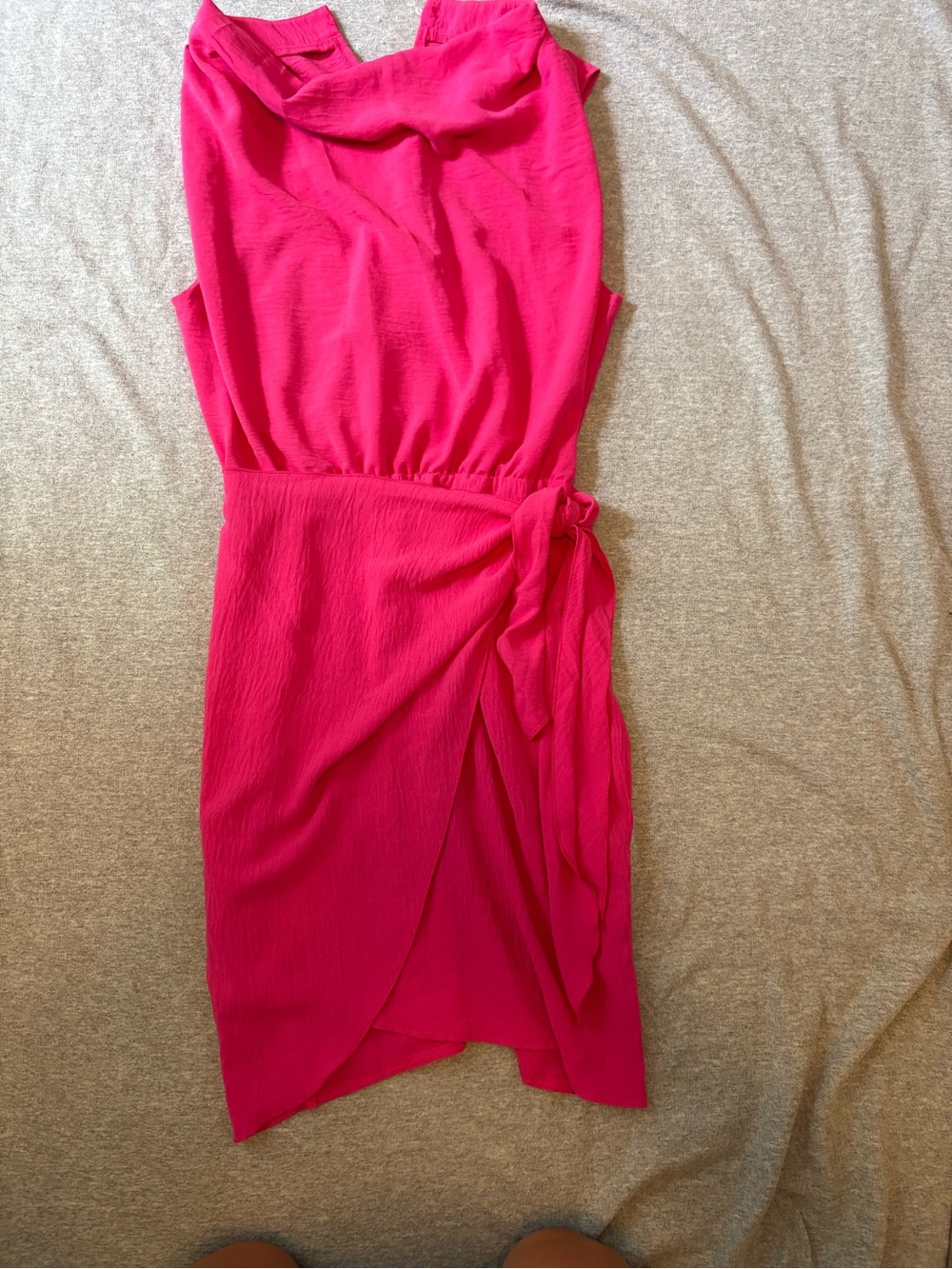Hot Pink Sleeveless Wrap Dress | Faux Wrap Tie Waist | Women’s Midi Dress